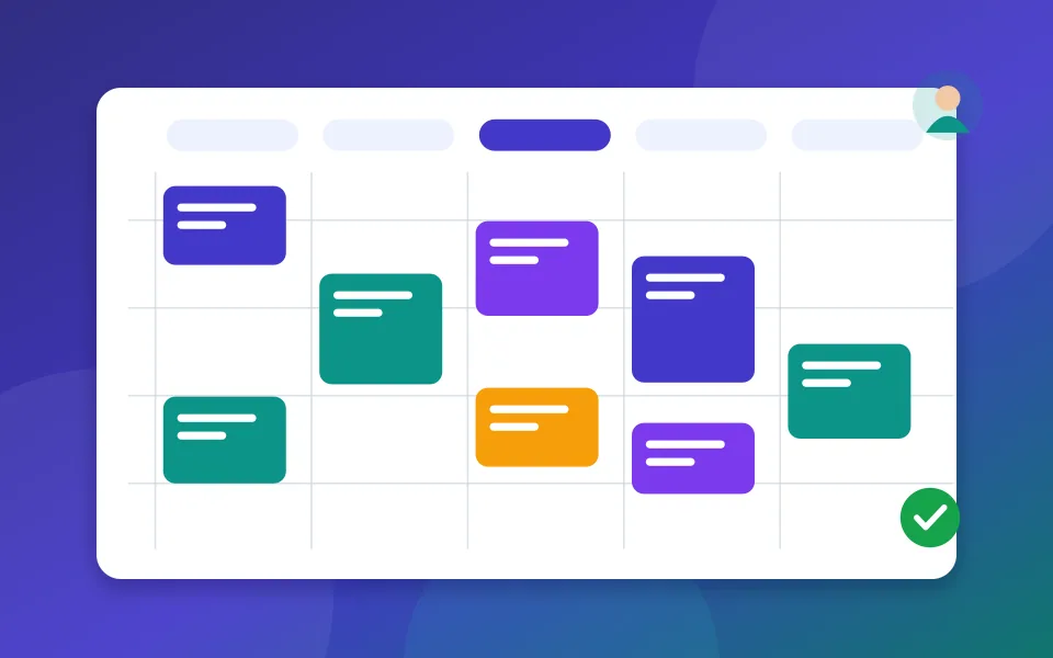 Illustration of a weekly booking calendar with colour-coded appointments and a confirmed booking