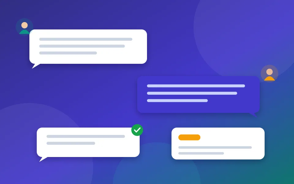 Illustration of a customer conversation as chat bubbles between a business and its customers, with a support ticket card