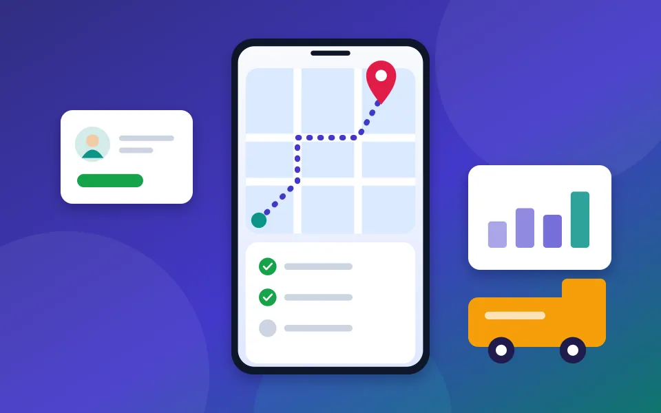 Illustration of a phone showing a route to a job site with a checklist, beside a van and a job summary card