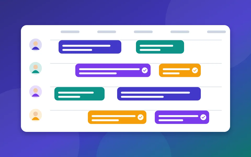 Illustration of a crew schedule with a row for each team member and coloured job blocks across the week